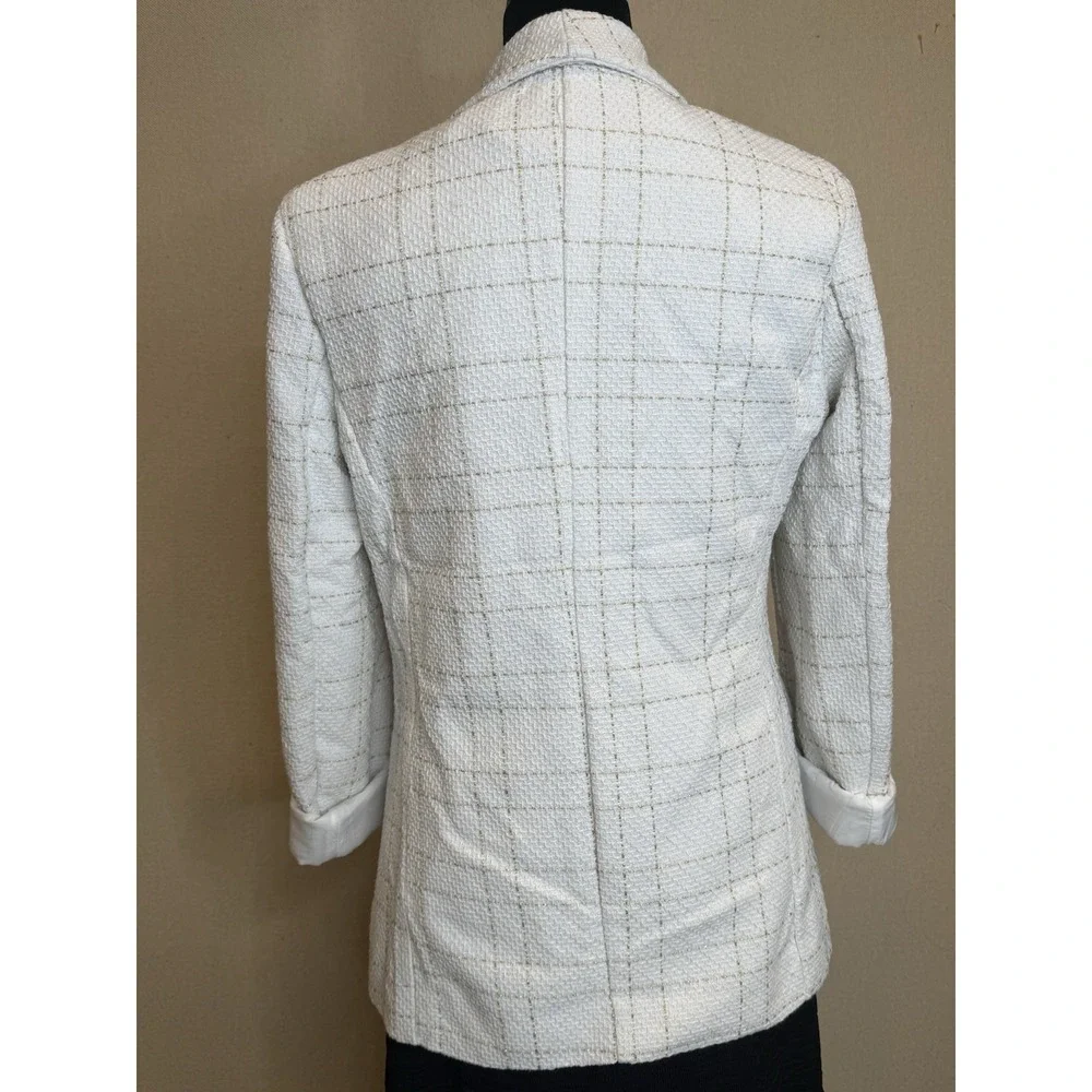 Y2K Classic Lapel Neck Tweed Blazer Size M Ivory/Off White Gold Accent Shein EUC